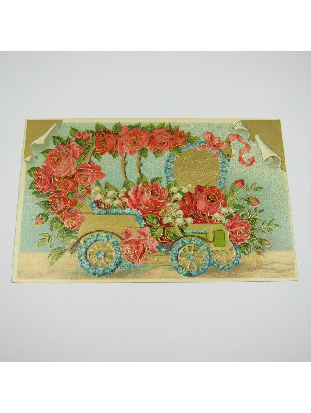 Postcard Congratulations Antique Car Full Red Roses Blue Forget Me Not Flowers